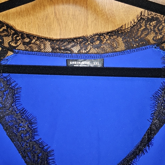 Blue with Black Lace Short Sleeve Blouse - Picture 3 of 3